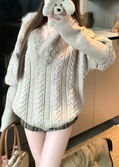 Women Khaki V Neck Fluffy Patchwork Cable Knit Sweaters Winter