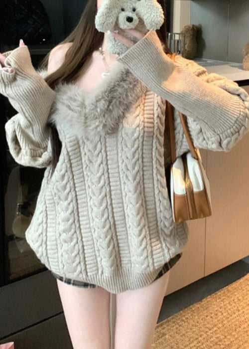 Women Khaki V Neck Fluffy Patchwork Cable Knit Sweaters Winter