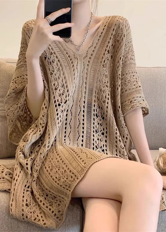 Women Khaki V Neck Hollow Out Knit Tops Half Sleeve