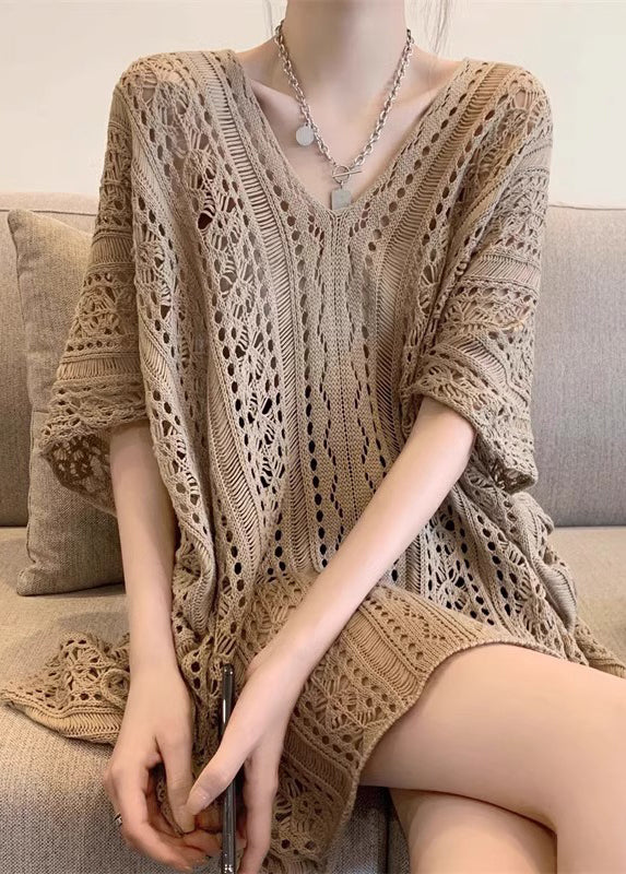 Women Khaki V Neck Hollow Out Knit Tops Half Sleeve