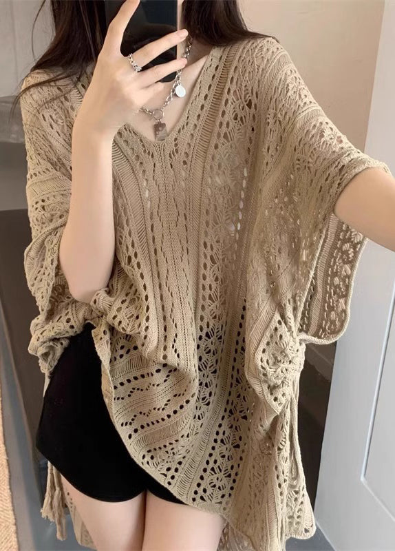 Women Khaki V Neck Hollow Out Knit Tops Half Sleeve