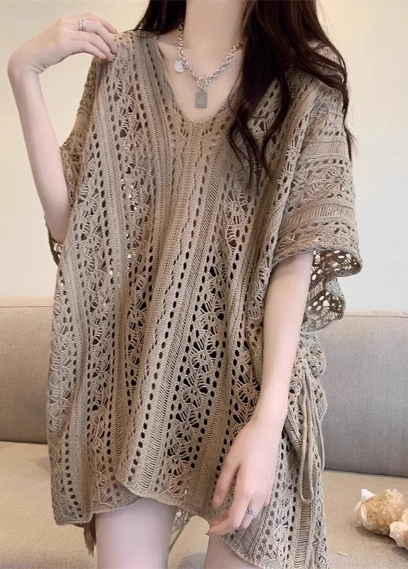 Women Khaki V Neck Hollow Out Knit Tops Half Sleeve