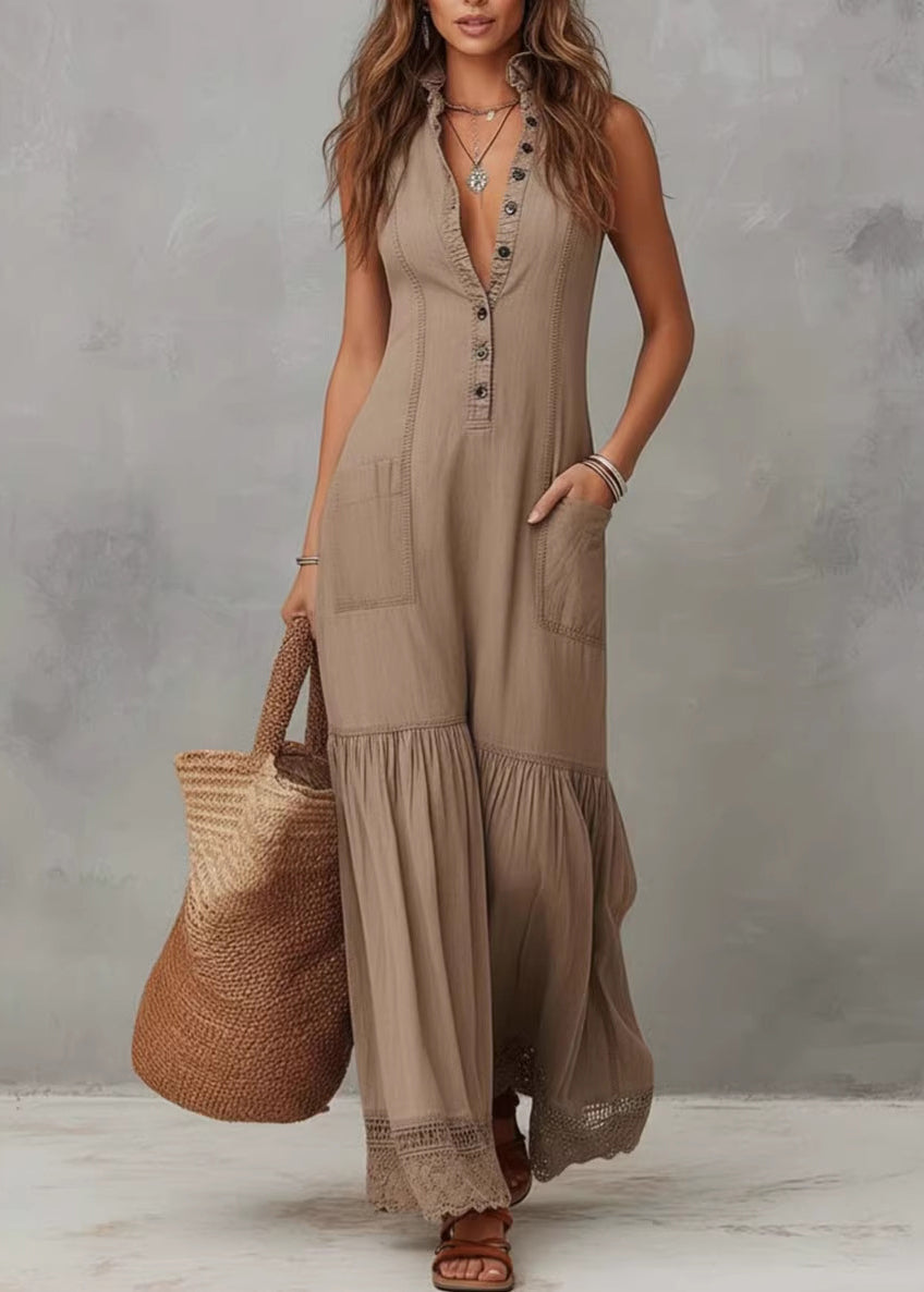 Women Khaki V Neck Lace Pockets Patchwork Cotton Dress Sleeveless