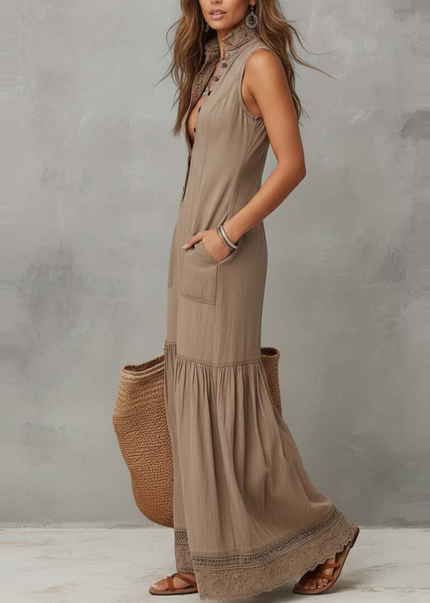 Women Khaki V Neck Lace Pockets Patchwork Cotton Dress Sleeveless