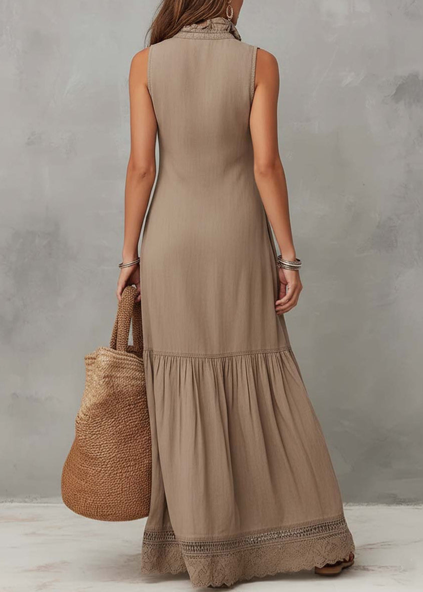 Women Khaki V Neck Lace Pockets Patchwork Cotton Dress Sleeveless