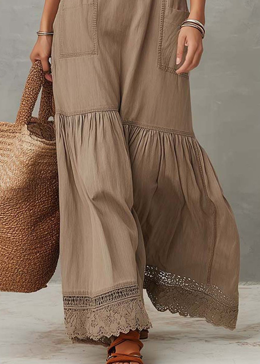Women Khaki V Neck Lace Pockets Patchwork Cotton Dress Sleeveless