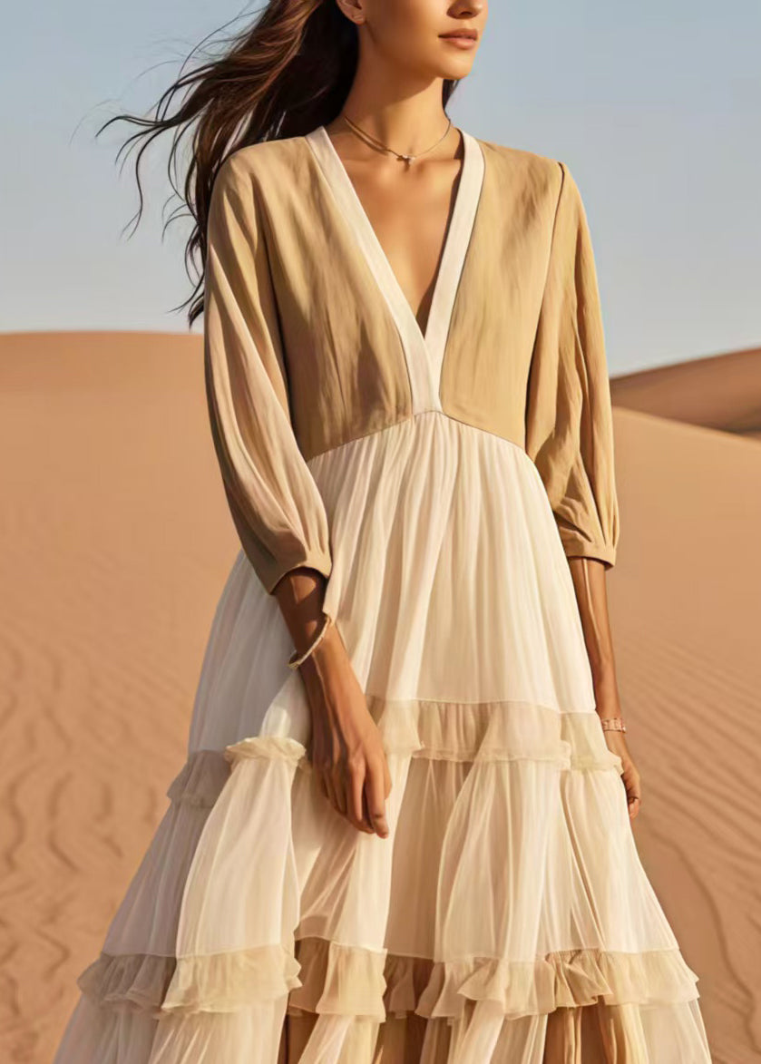 Women Khaki V Neck Patchwork Tulle Dress Bracelet Sleeve