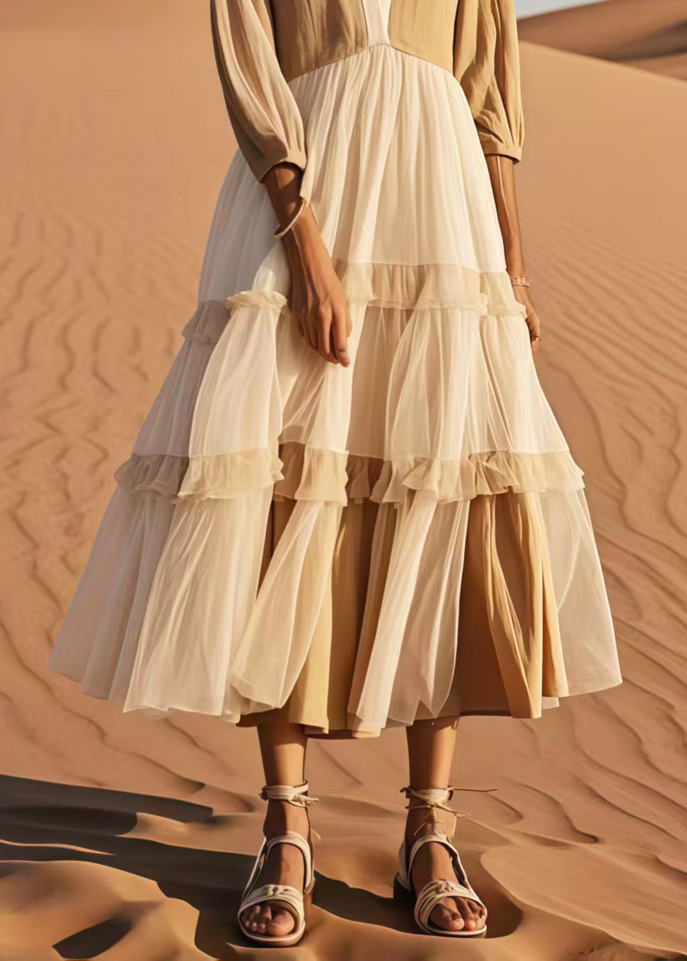 Women Khaki V Neck Patchwork Tulle Dress Bracelet Sleeve
