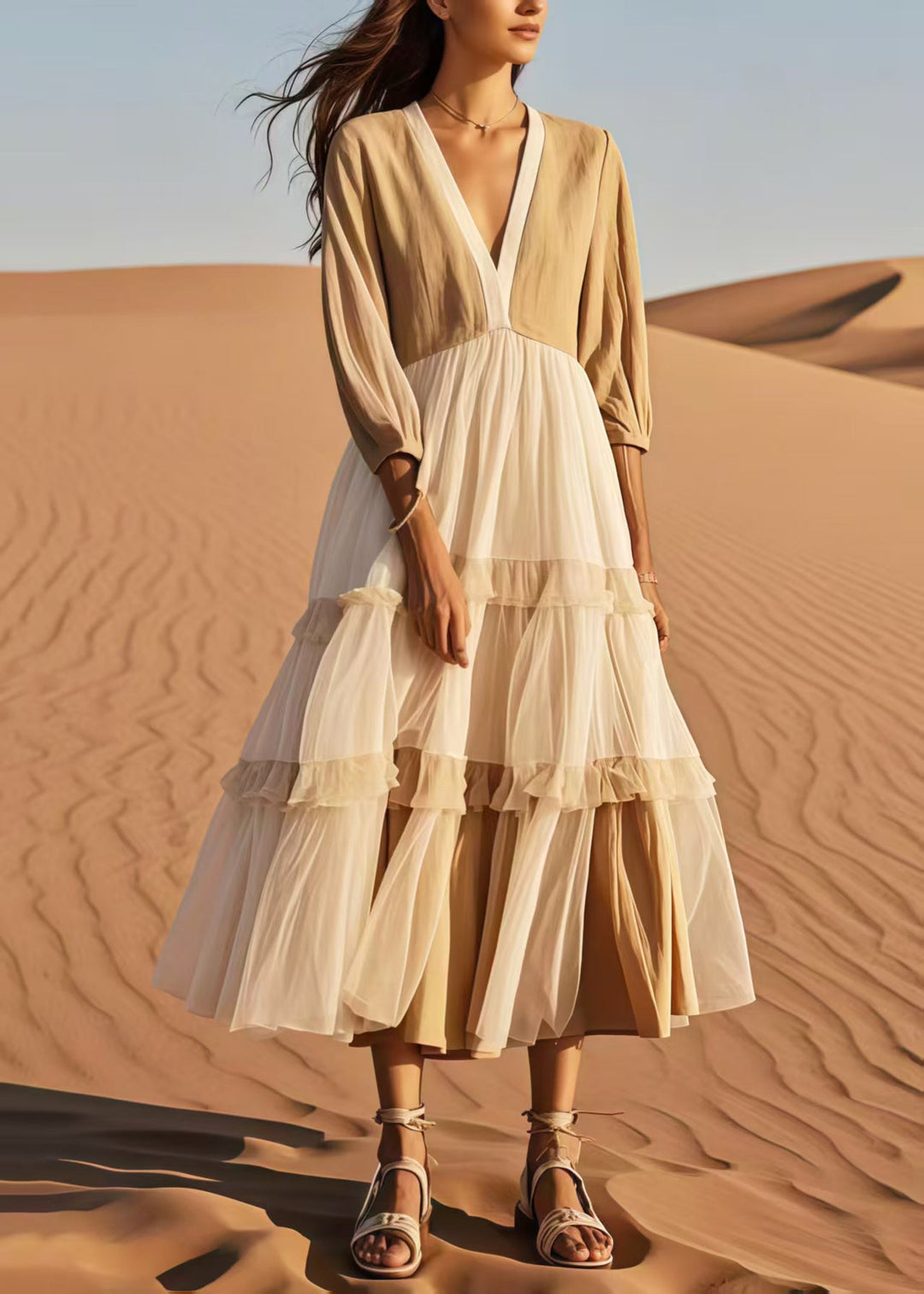 Women Khaki V Neck Patchwork Tulle Dress Bracelet Sleeve
