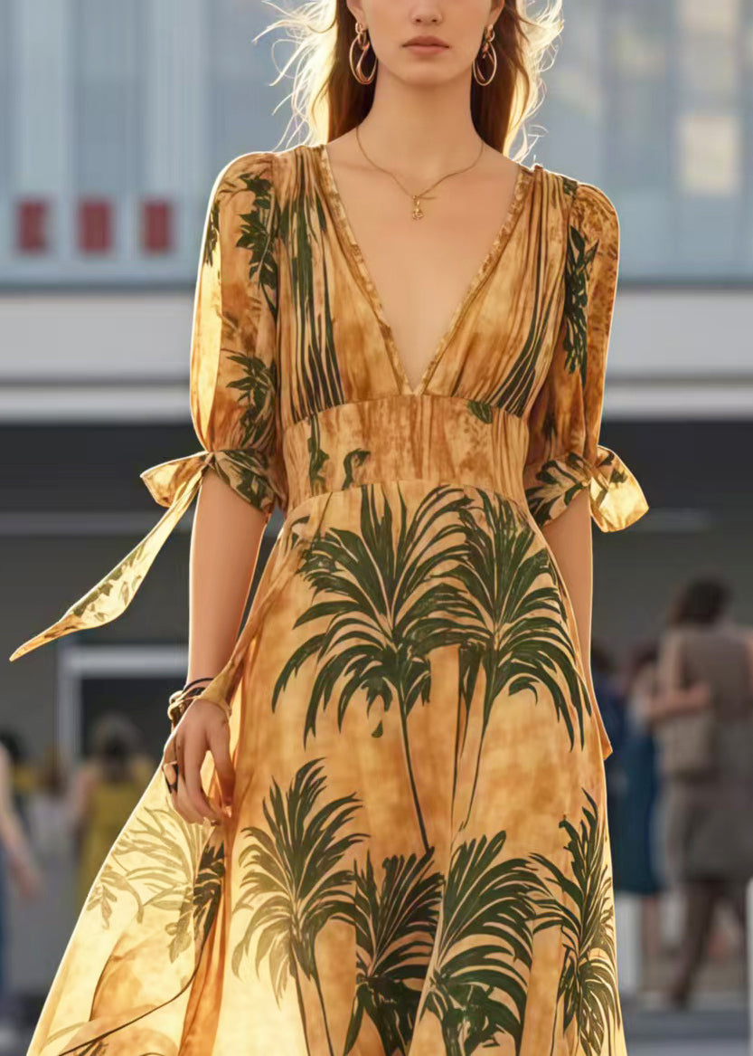 Women Khaki V Neck Print Cotton Holiday Dresses Summer