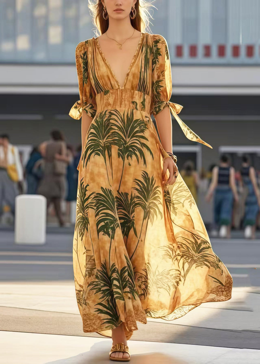 Women Khaki V Neck Print Cotton Holiday Dresses Summer