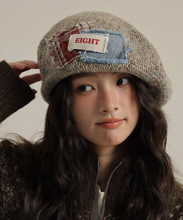 Women Khaki Versatile Patch Knit Breton Hat