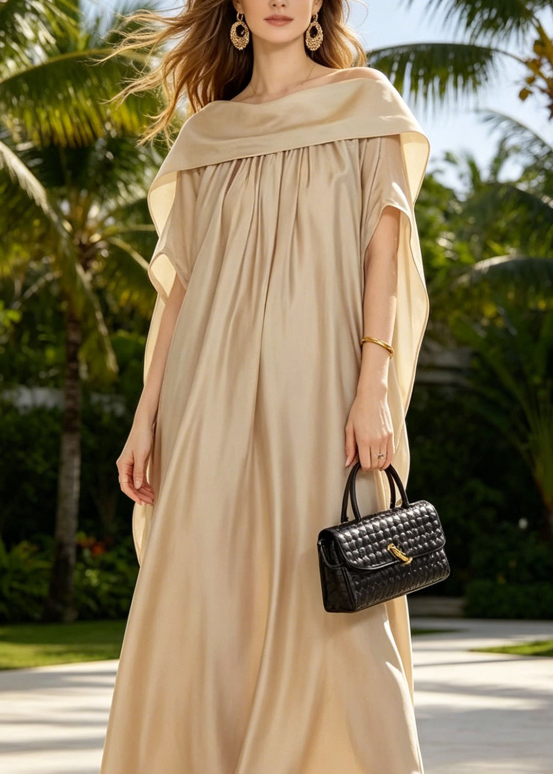 Women Khaki Wear On Both Sides Silk Maxi Dresses Summer