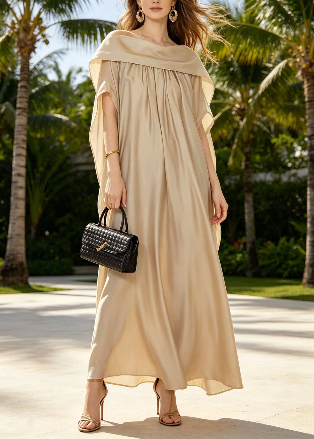 Women Khaki Wear On Both Sides Silk Maxi Dresses Summer