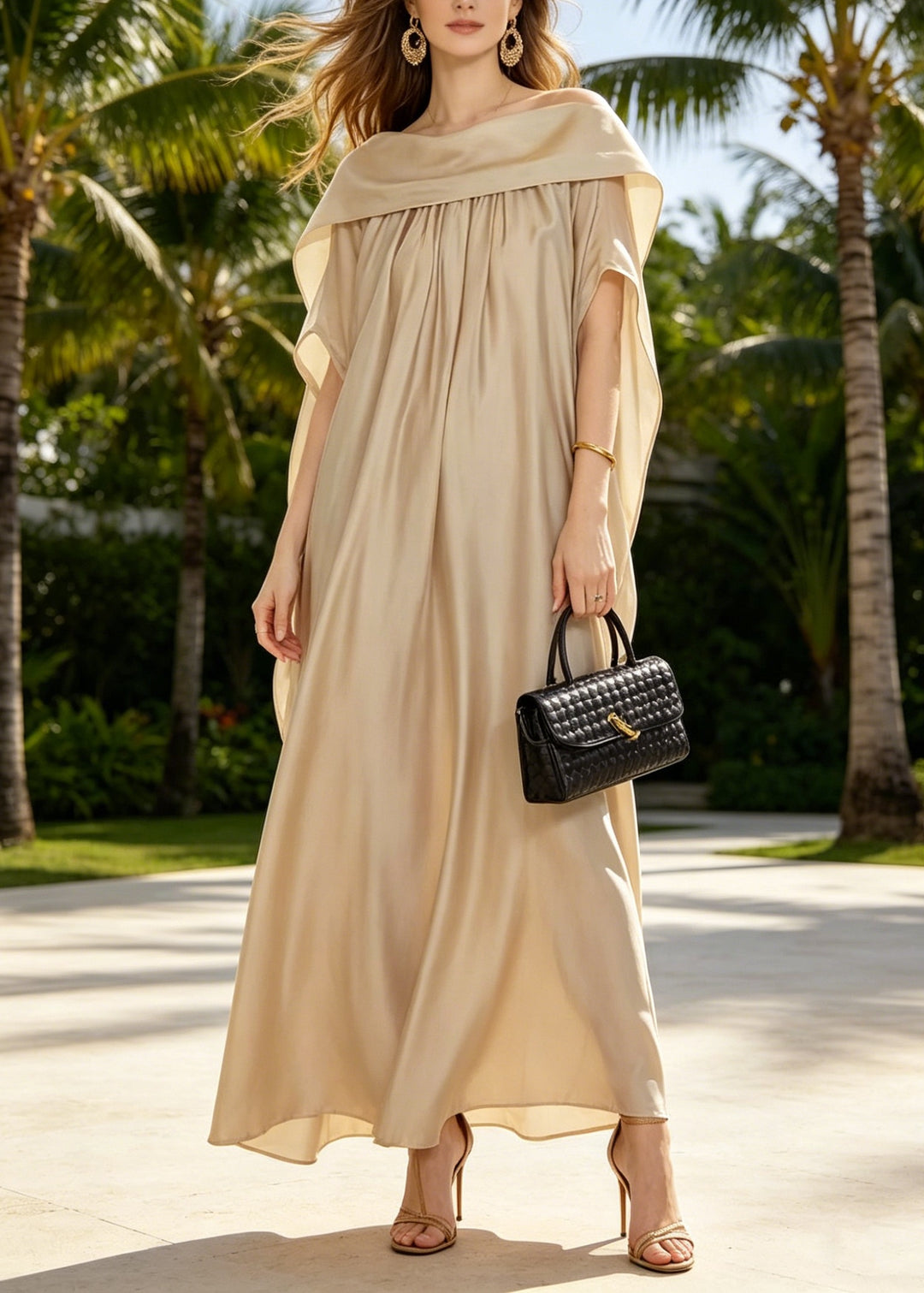 Women Khaki Wear On Both Sides Silk Maxi Dresses Summer