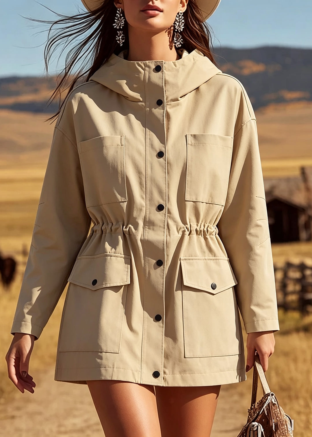 Women Khaki Wrinkled Patchwork Hooded Trench Coat Long Sleeve