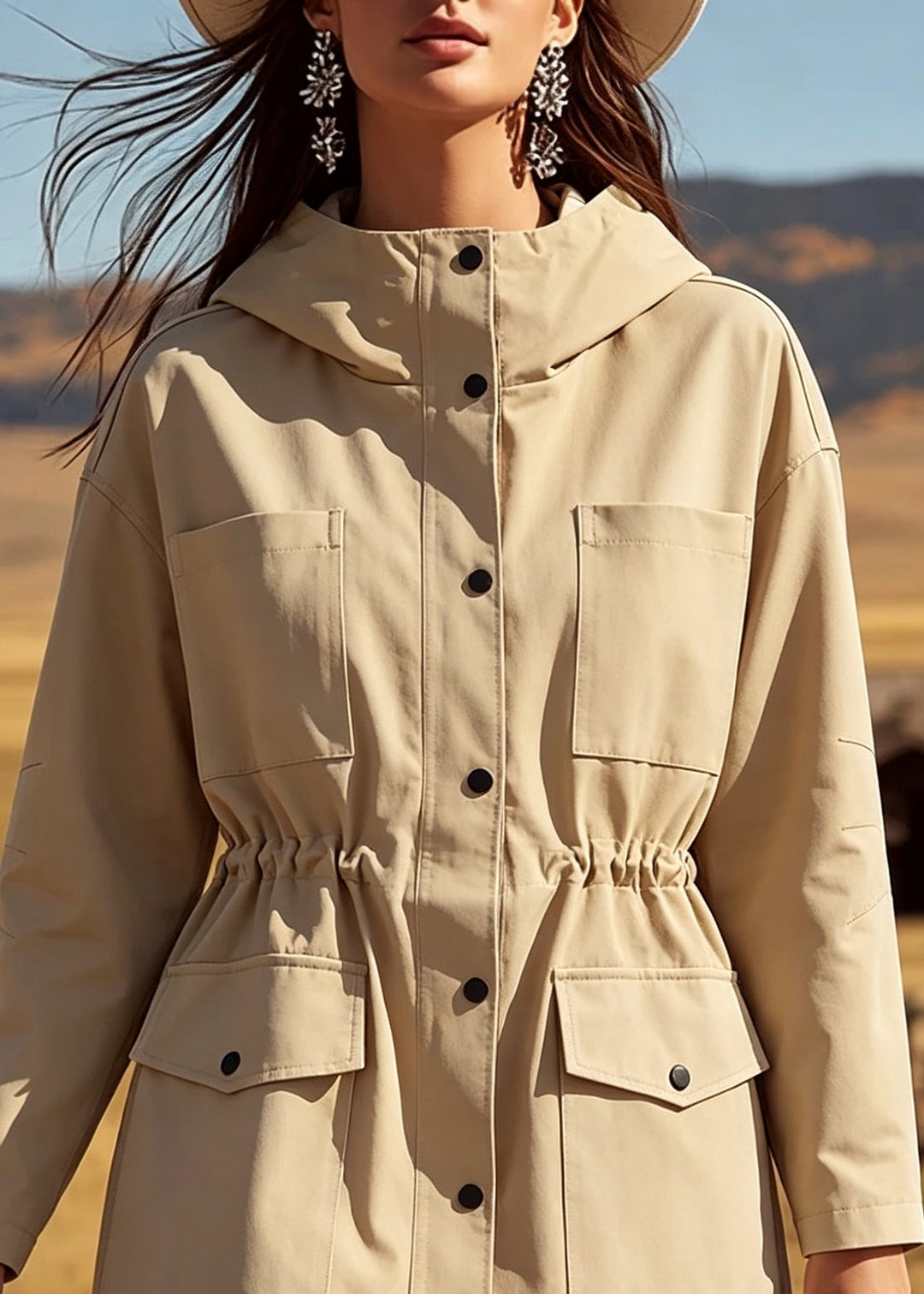 Women Khaki Wrinkled Patchwork Hooded Trench Coat Long Sleeve