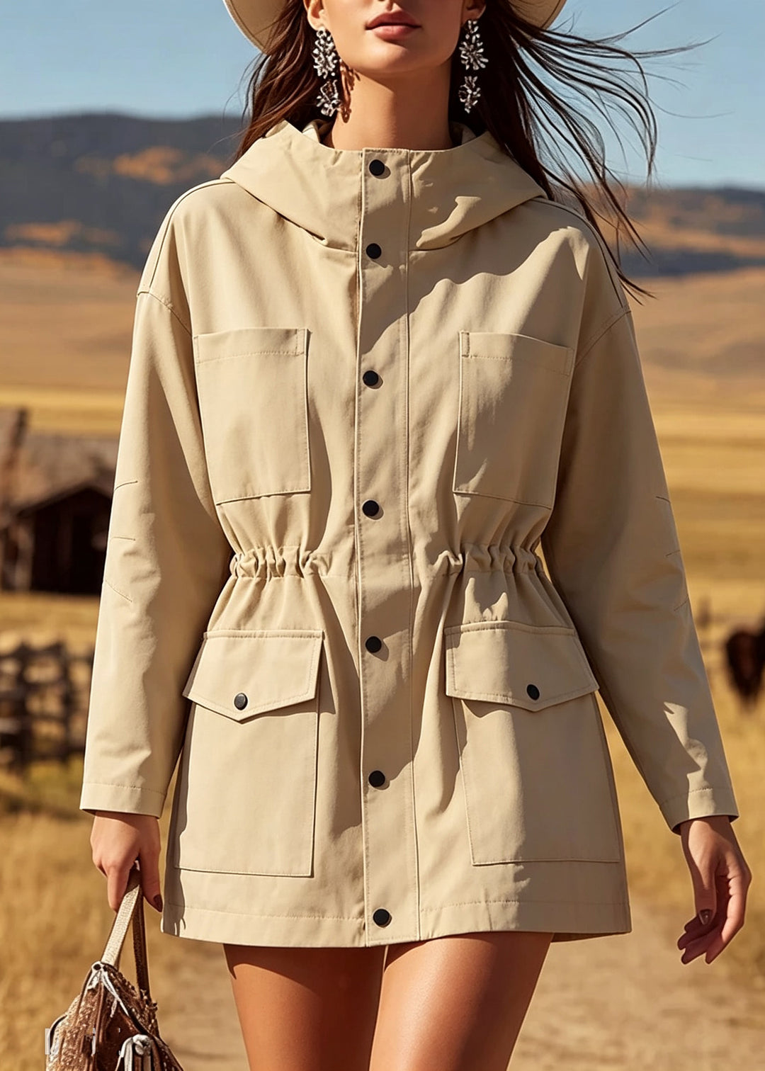 Women Khaki Wrinkled Patchwork Hooded Trench Coat Long Sleeve