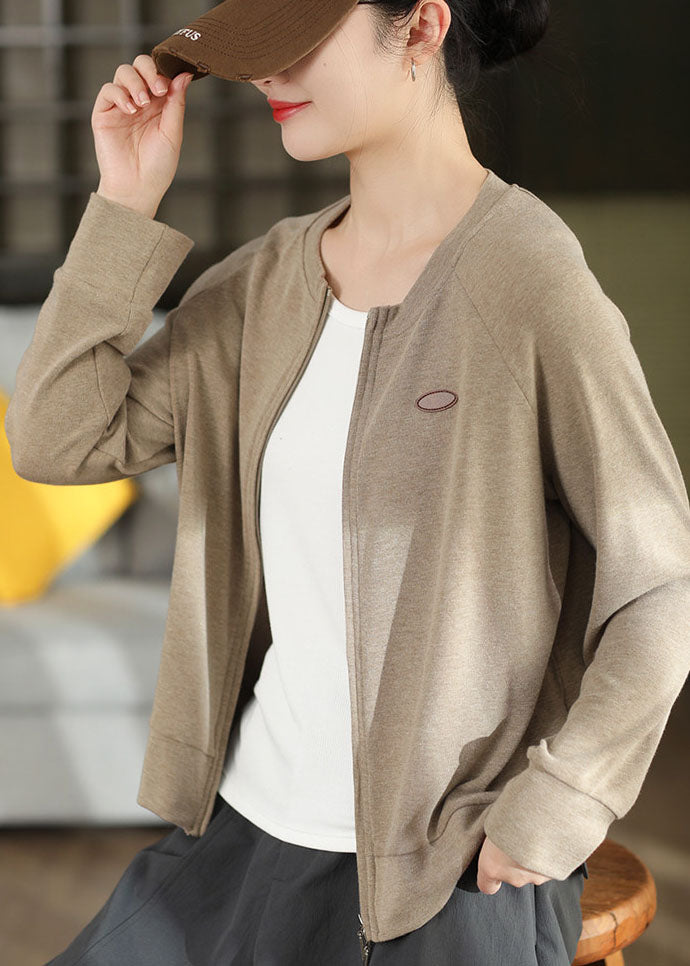 Women Khaki Zip Up Cotton Coat Fall