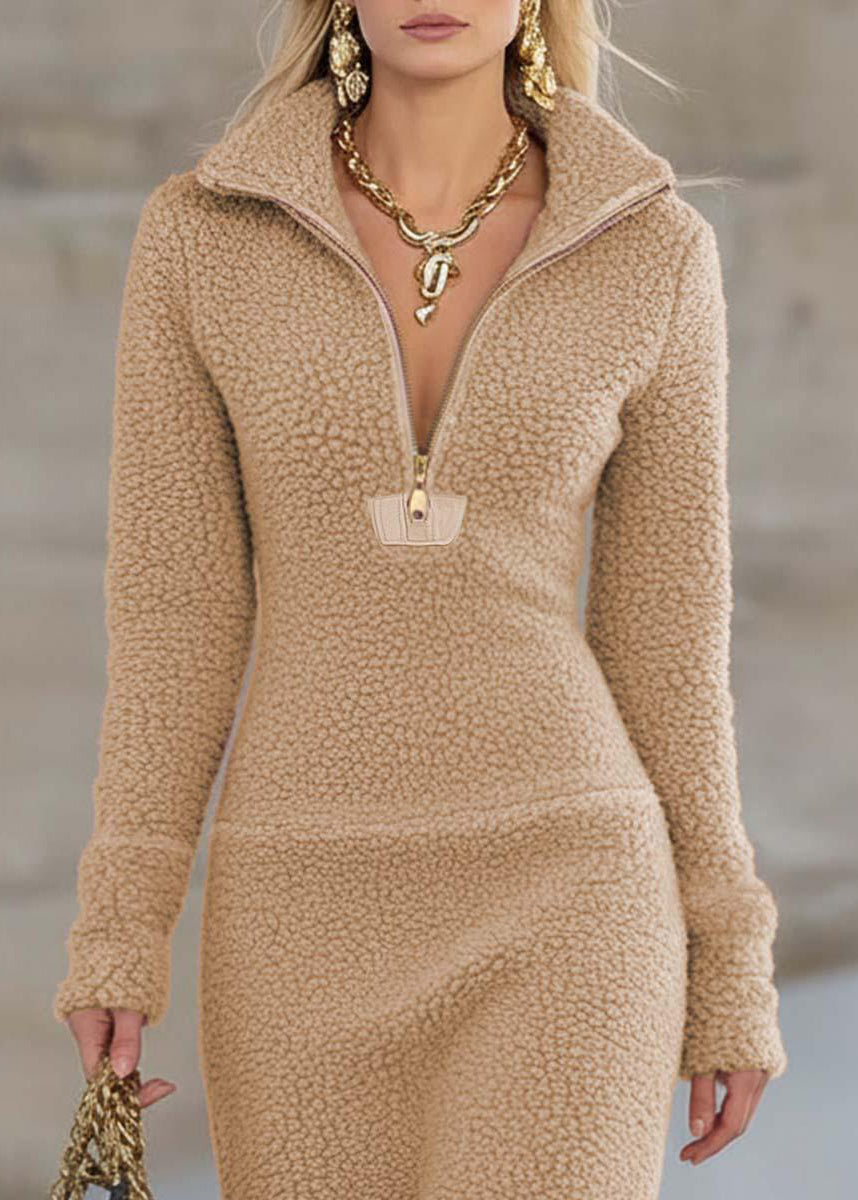 Women Khaki Zip Up Patchwork Faux Fur Long Dresses Winter
