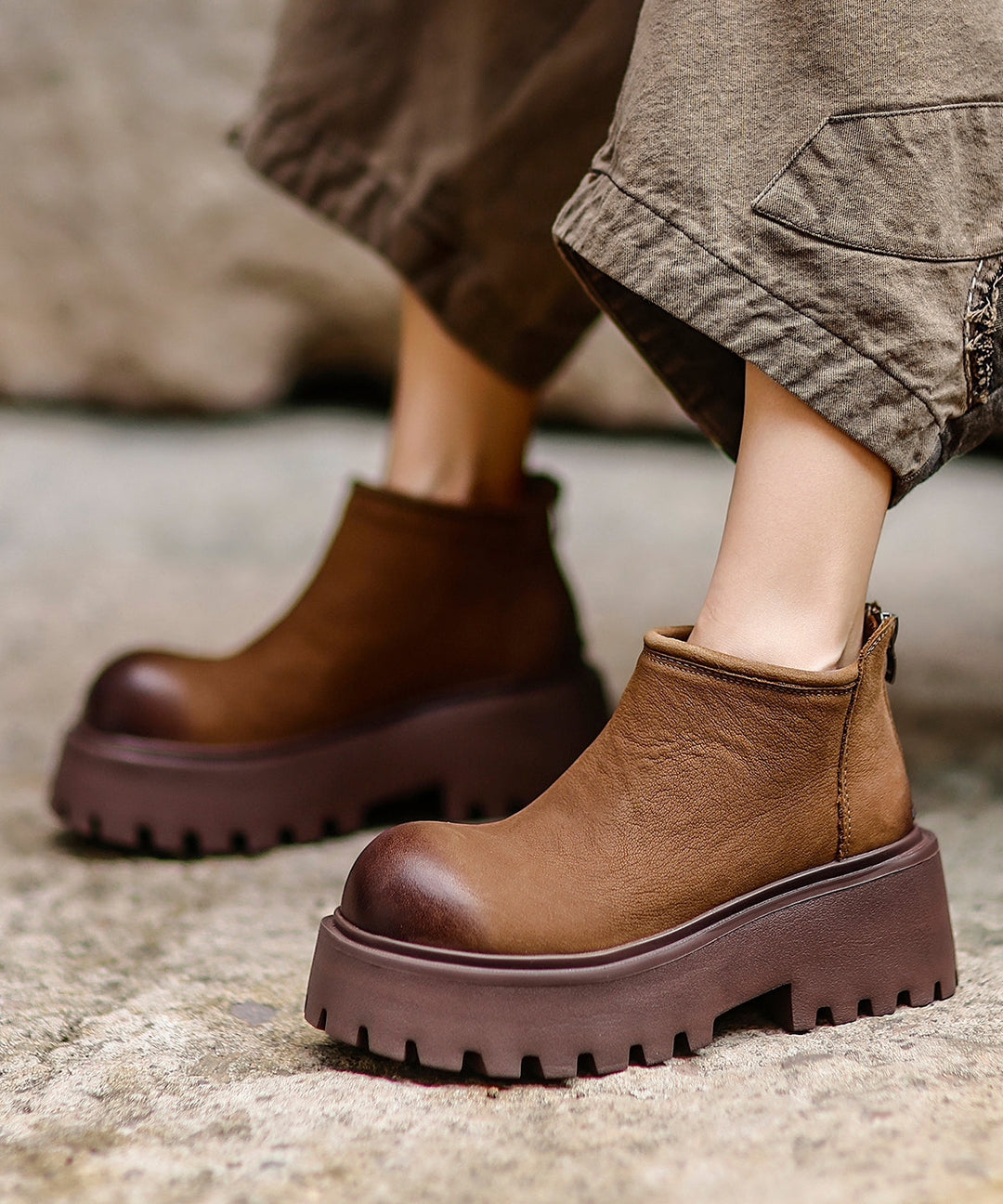 Women Khaki Zippered Splicing Platform Cowhide Leather Ankle Boots