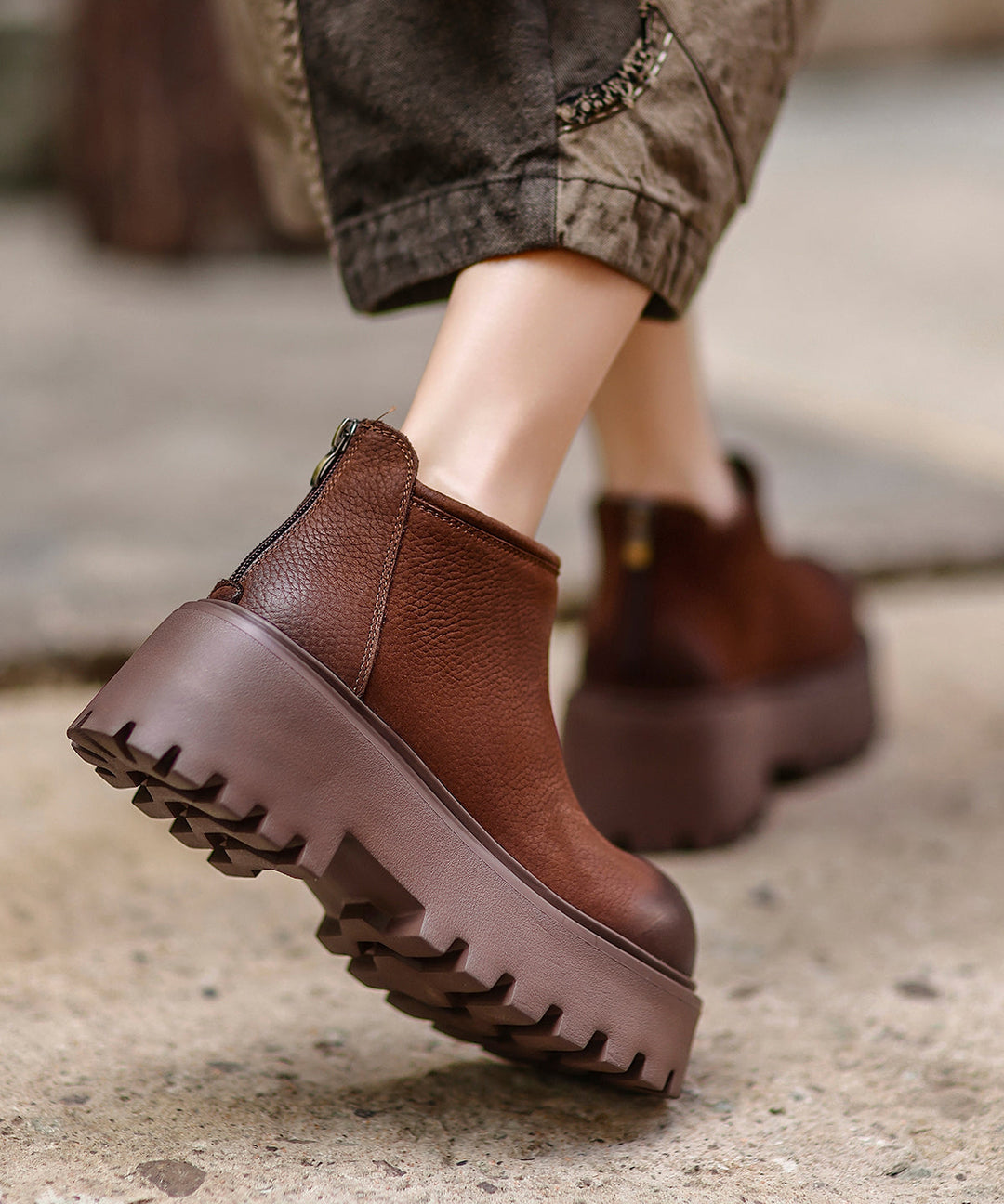 Women Khaki Zippered Splicing Platform Cowhide Leather Ankle Boots