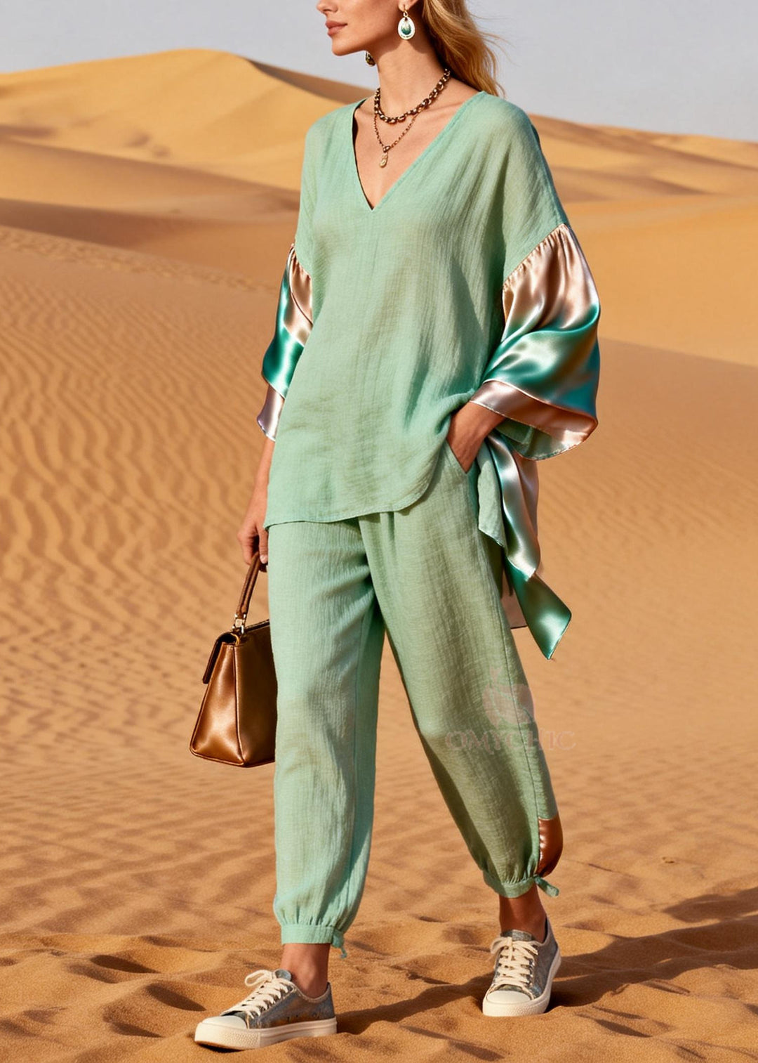 Women Lake Green Oversized Patchwork Tie Dye Cotton Two Pieces Set Spring