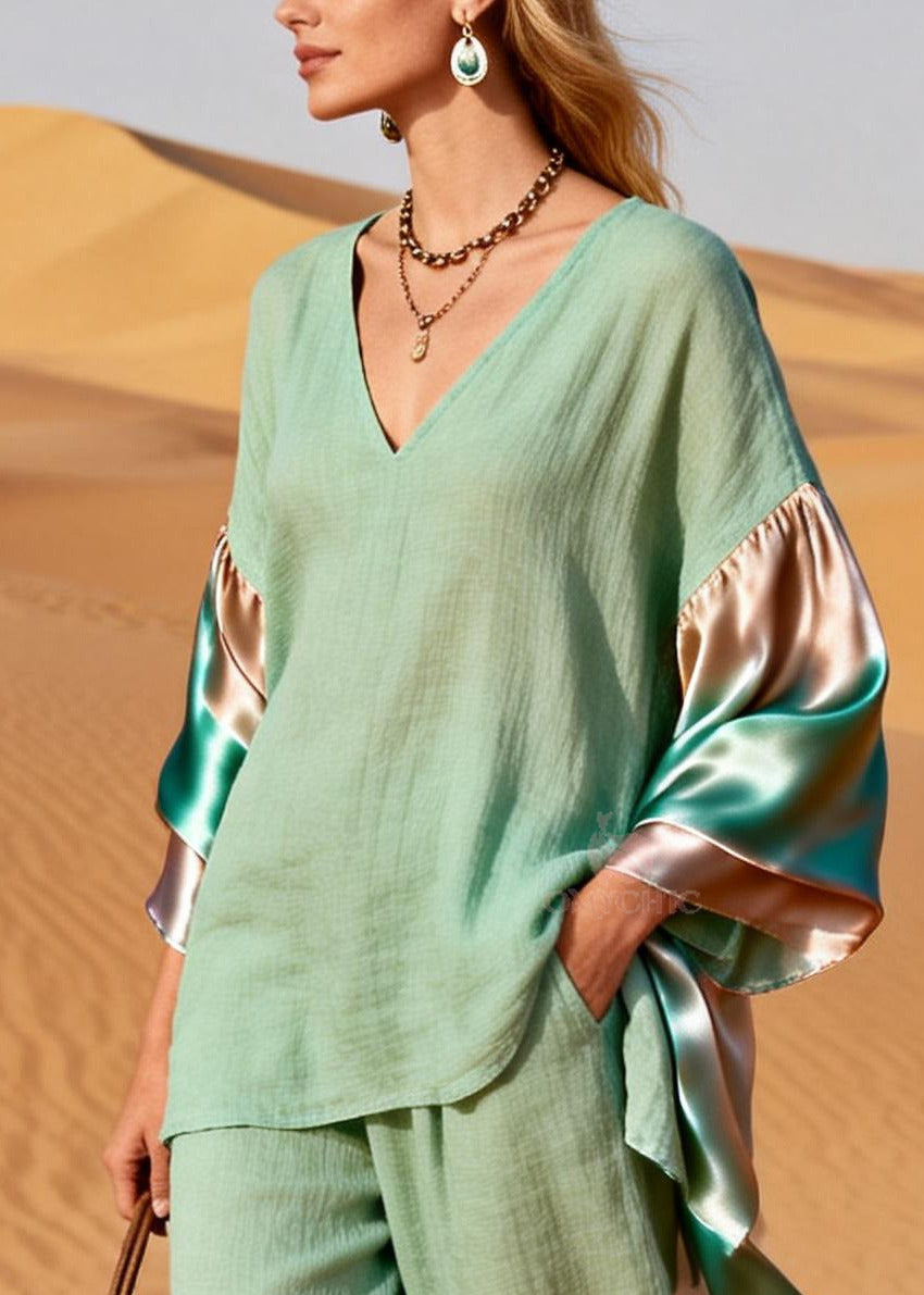 Women Lake Green Oversized Patchwork Tie Dye Cotton Two Pieces Set Spring