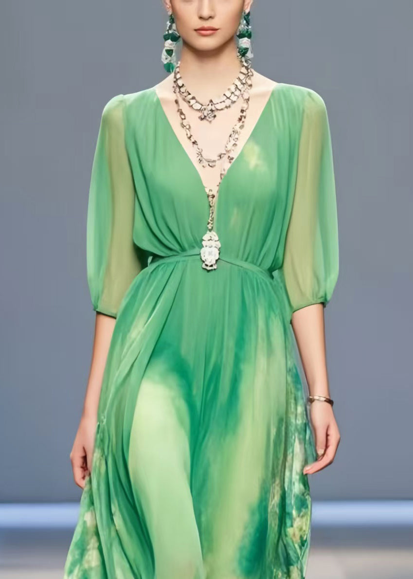 Women Lake Green Tie Dye Chiffon Long Dress Summer