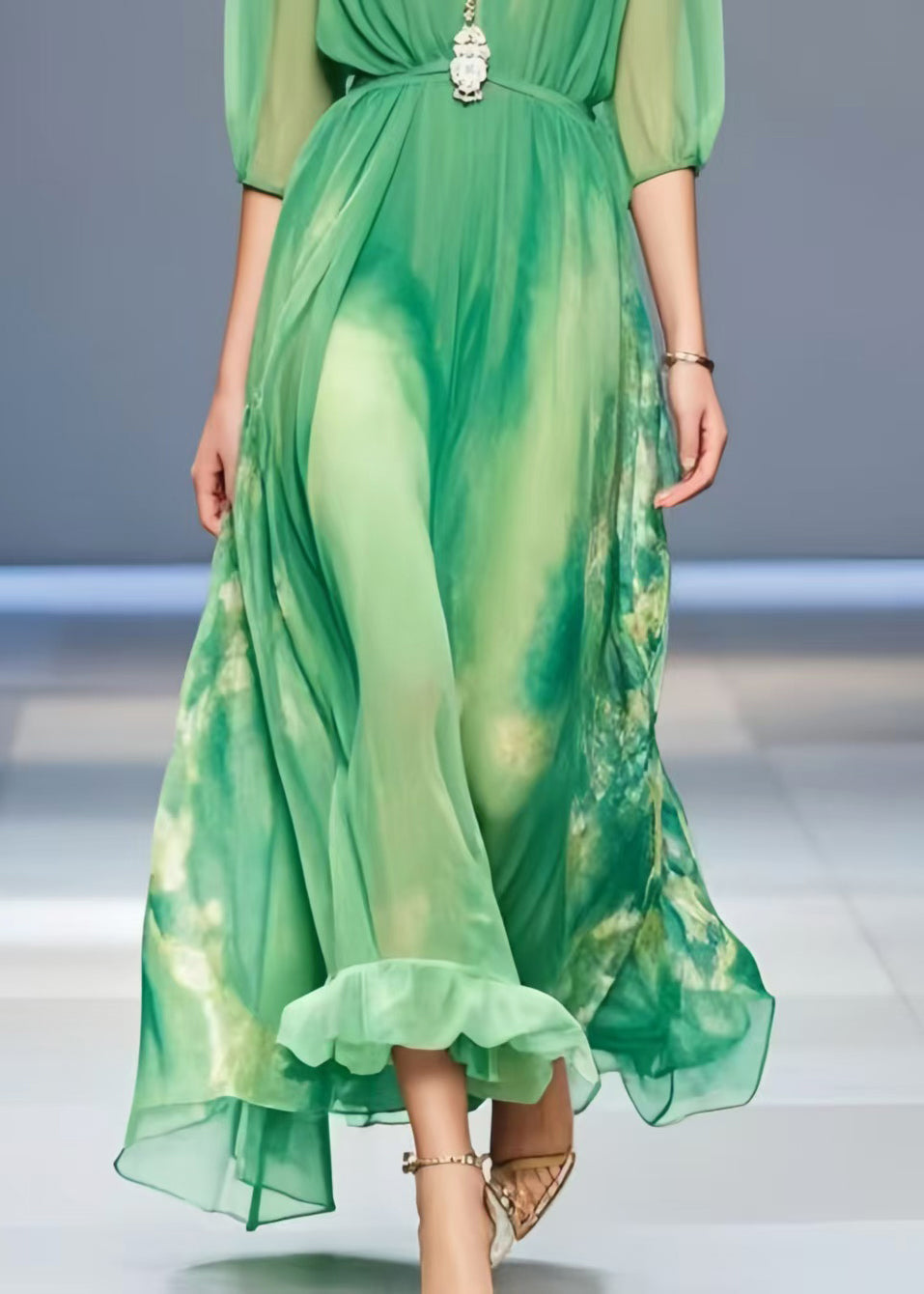 Women Lake Green Tie Dye Chiffon Long Dress Summer