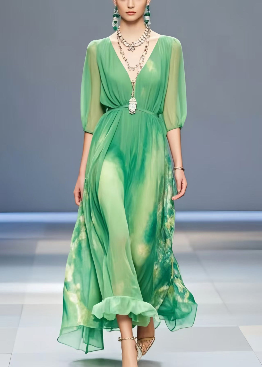 Women Lake Green Tie Dye Chiffon Long Dress Summer