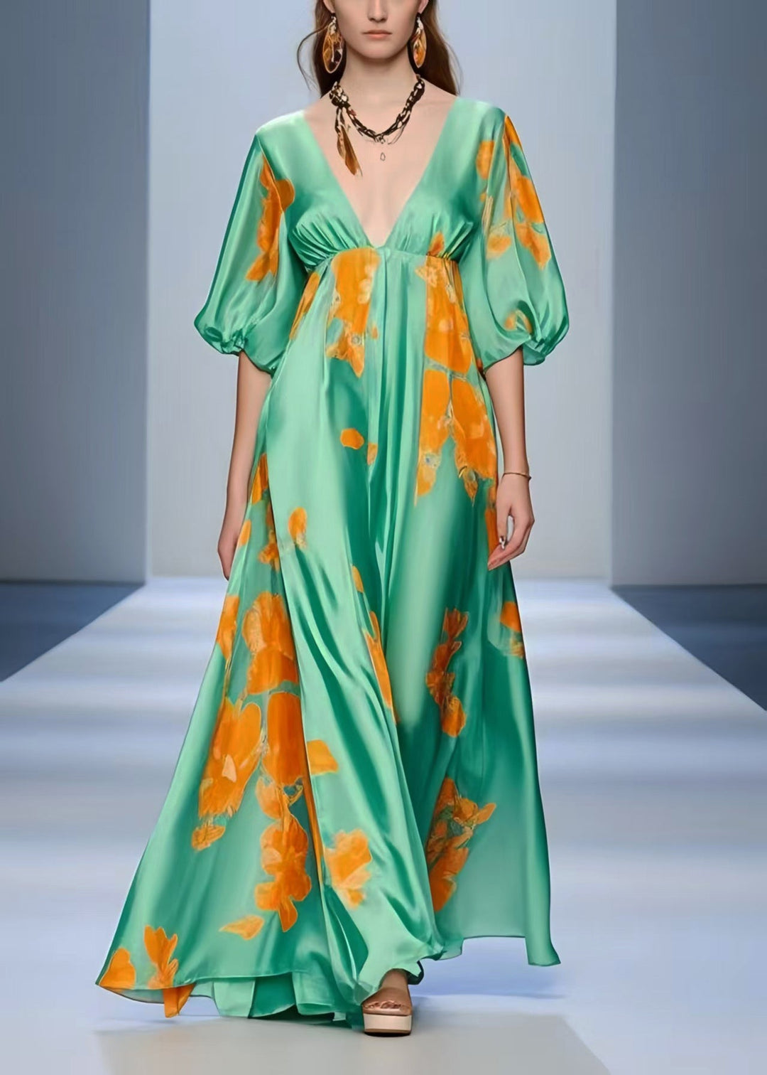 Women Lake Green V Neck Print Silk Holiday Dress Summer