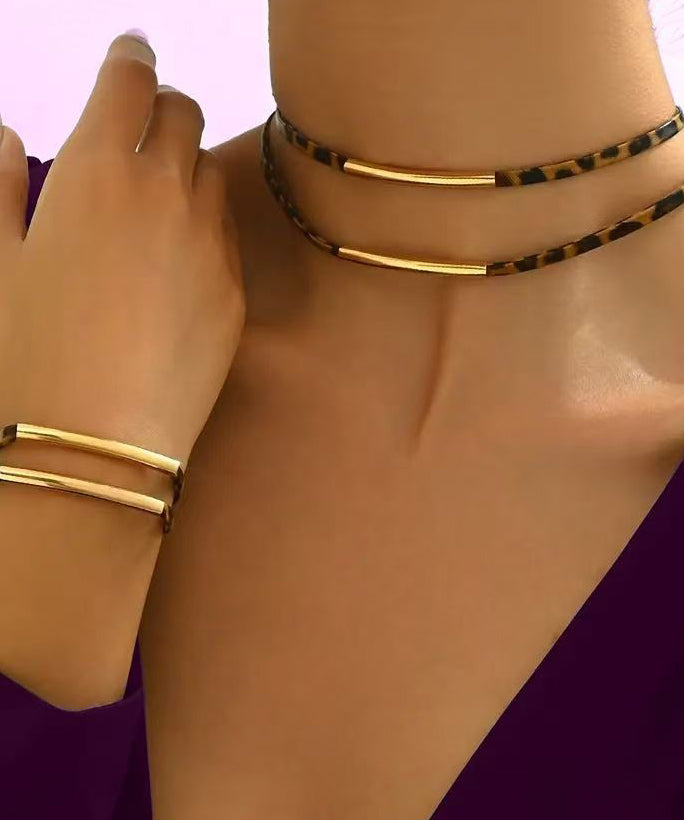 Women Leopard Copper Alloy Double-Layer Necklace And Bracelet Two-Piece Set