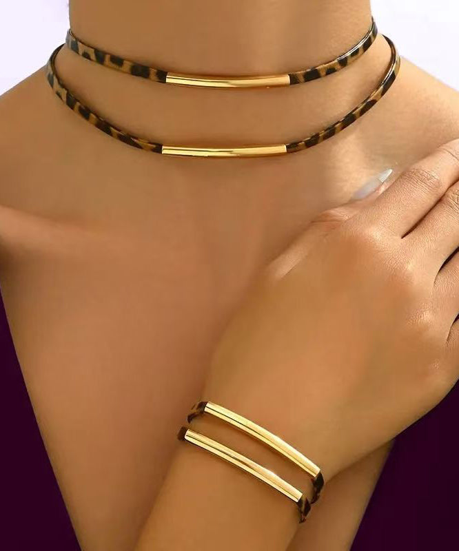 Women Leopard Copper Alloy Double-Layer Necklace And Bracelet Two-Piece Set