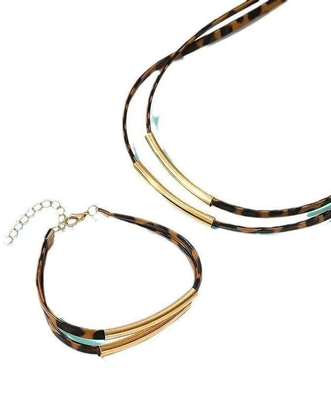 Women Leopard Copper Alloy Double-Layer Necklace And Bracelet Two-Piece Set