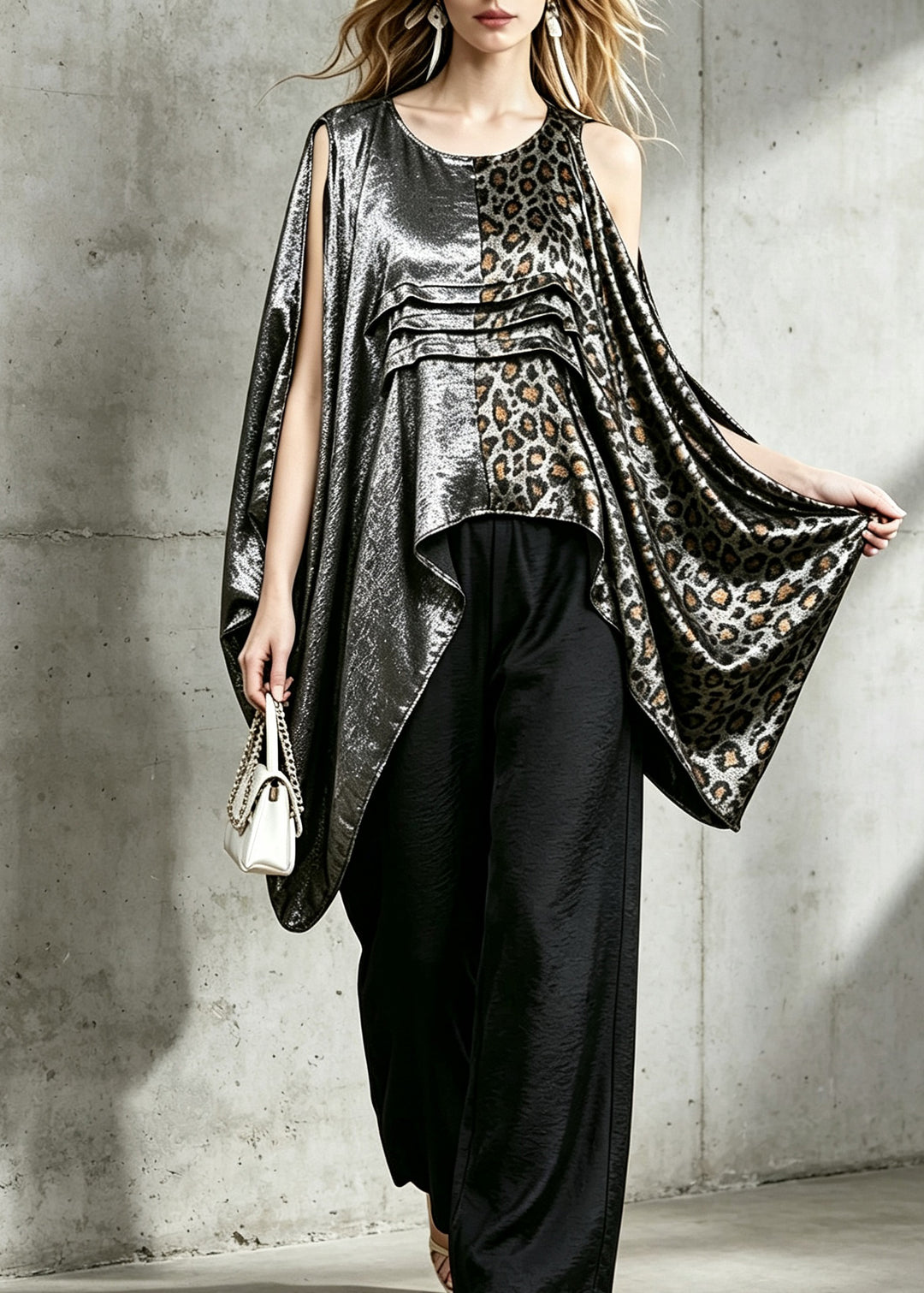 Women Leopard PatchworkO-Neck Asymmetrical  Blouse Top Fall
