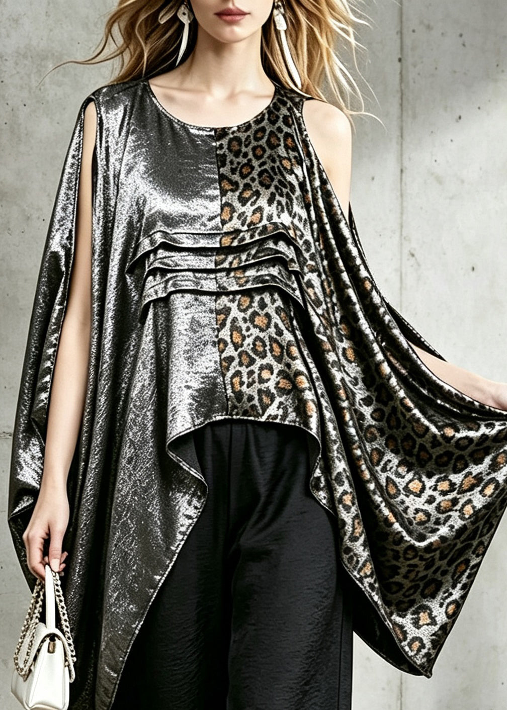 Women Leopard PatchworkO-Neck Asymmetrical  Blouse Top Fall