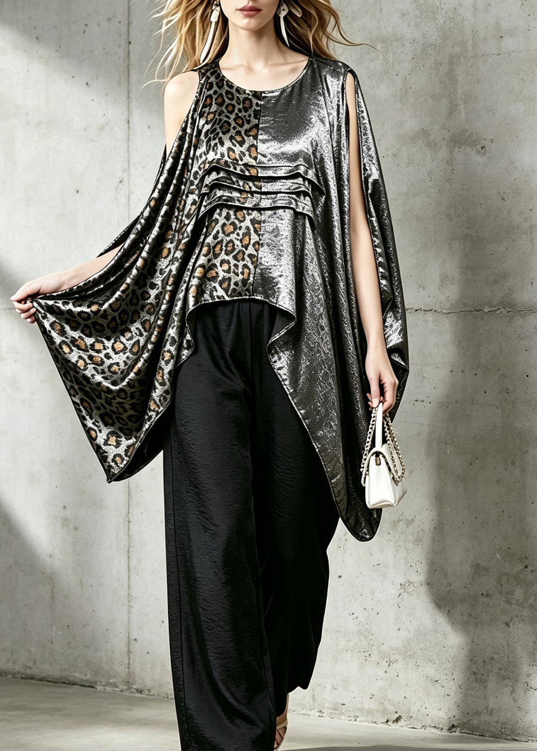 Women Leopard PatchworkO-Neck Asymmetrical  Blouse Top Fall