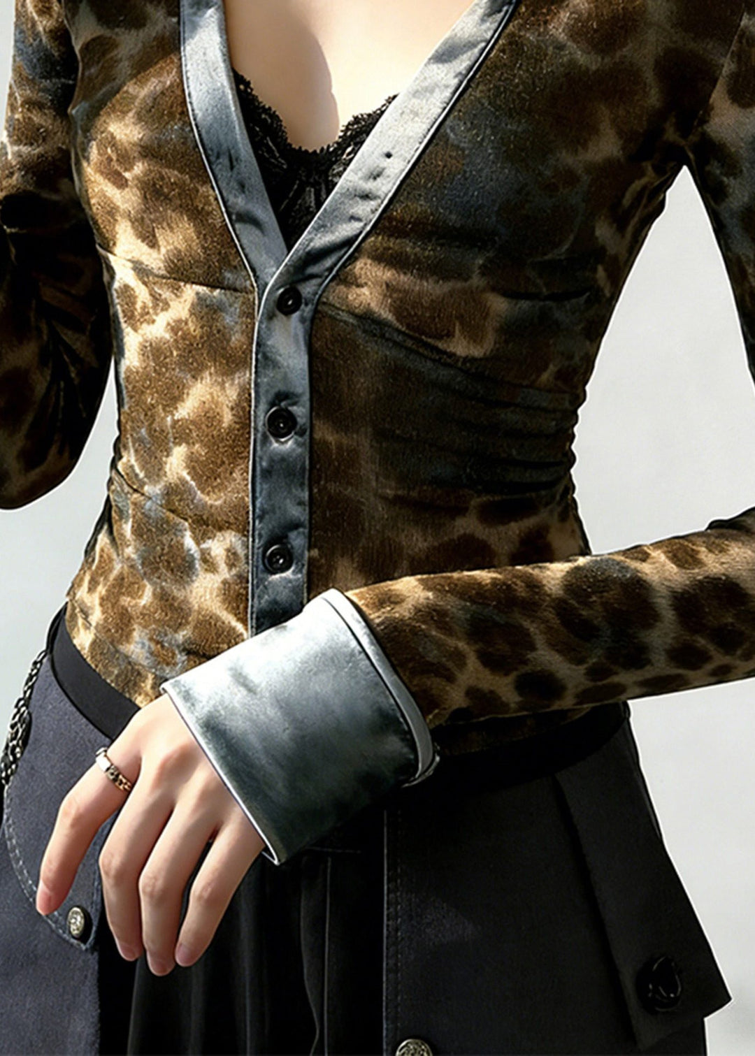 Women Leopard Print V Neck Patchwork Cotton Blouses Spring