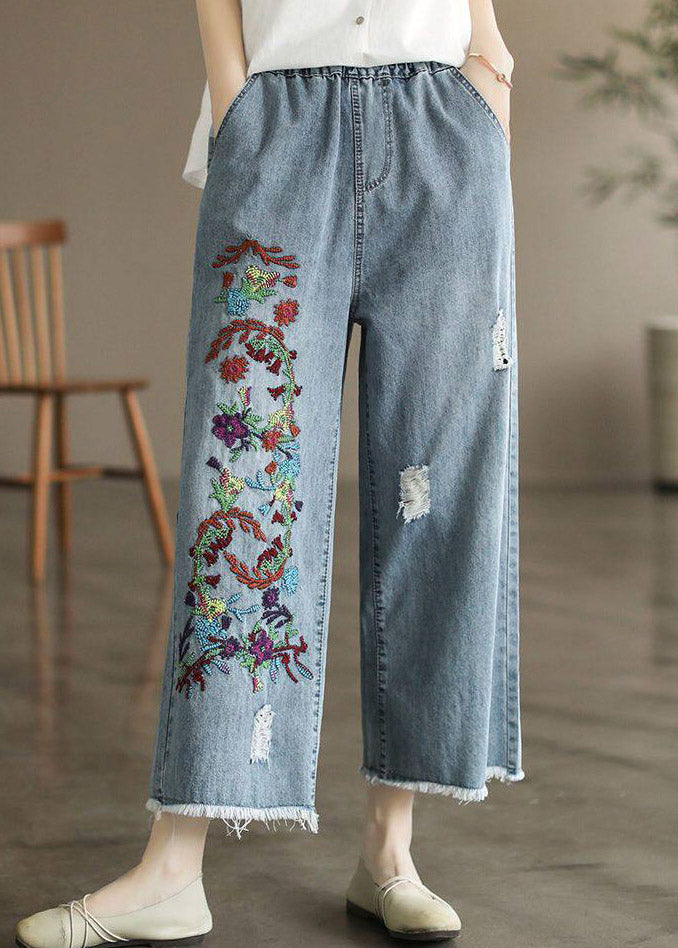 Women Light Blue Embroidered Pockets Patchwork Crop Jeans Summer