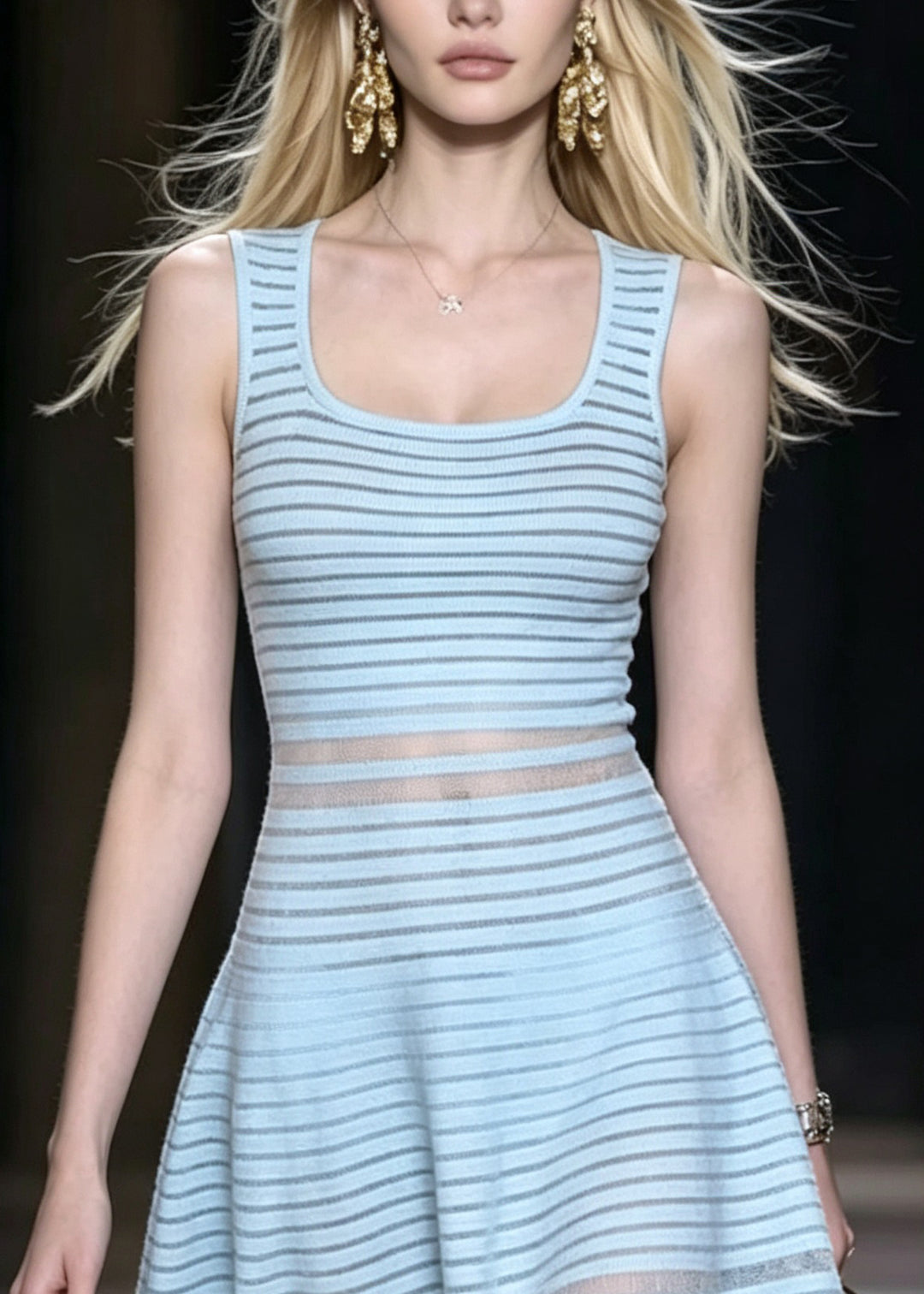 Women Light Blue U Neck Sheer Knit Mini Dress Sleeveless