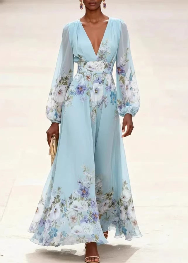 Women Light Blue V Neck Print Patchwork Chiffon Dress Long Sleeve