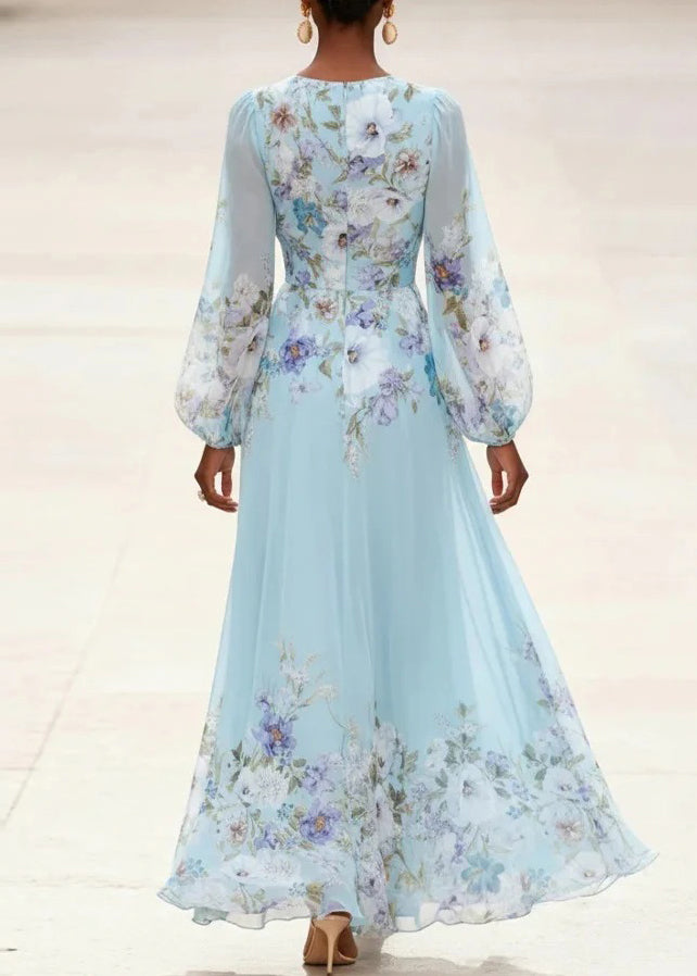Women Light Blue V Neck Print Patchwork Chiffon Dress Long Sleeve