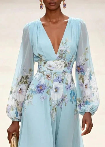 Women Light Blue V Neck Print Patchwork Chiffon Dress Long Sleeve