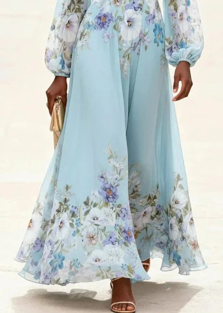 Women Light Blue V Neck Print Patchwork Chiffon Dress Long Sleeve
