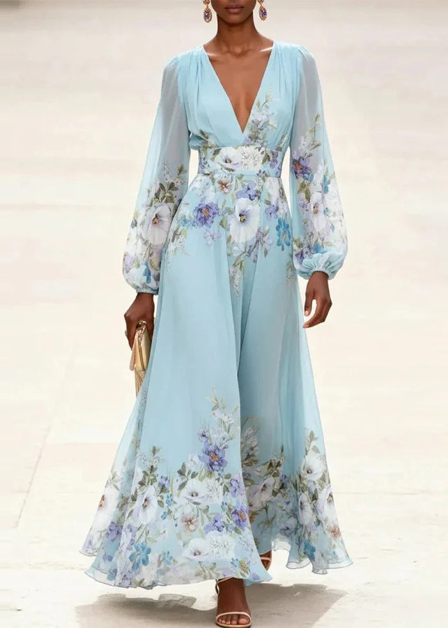 Women Light Blue V Neck Print Patchwork Chiffon Dress Long Sleeve