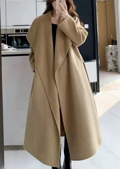 Women Light Camel Peter Pan Collar Tie Waist Woolen Coat Winter