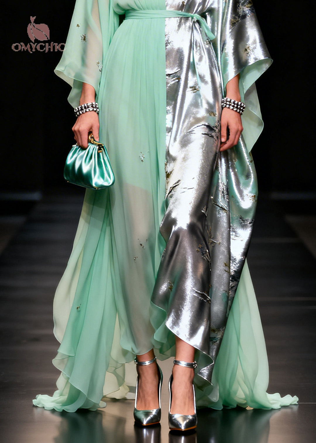 Women Light Green Asymmetrical Patchwork Jacquard Chiffon Party Dress Summer
