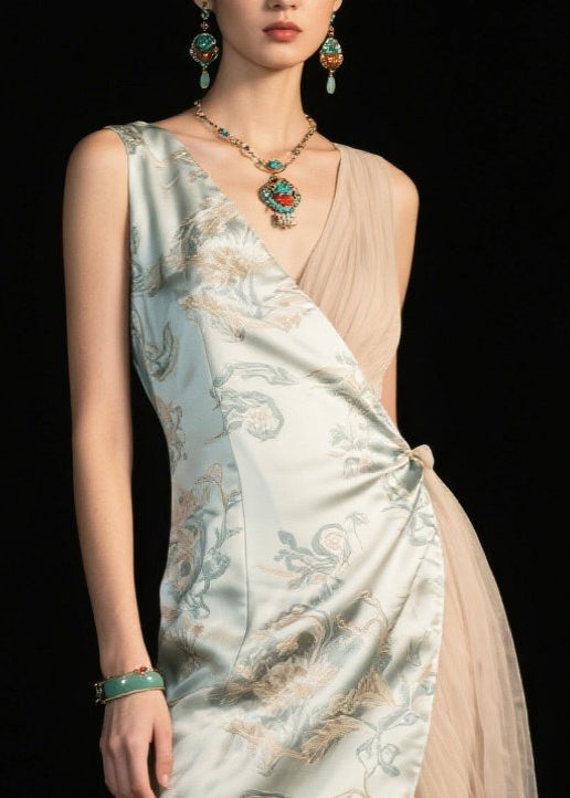 Women Light Green Asymmetrical Patchwork Silk Pleated Dresses Summer