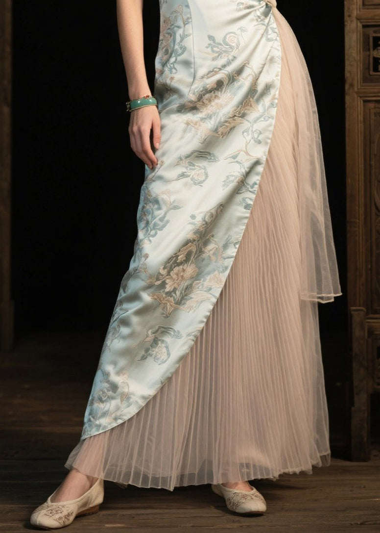 Women Light Green Asymmetrical Patchwork Silk Pleated Dresses Summer